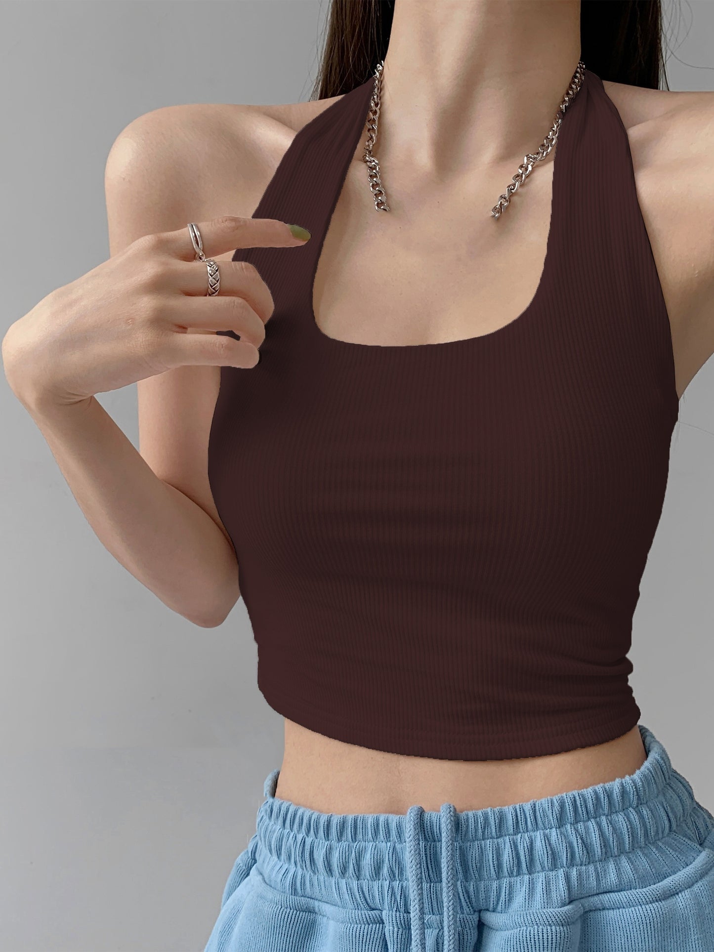 Antmvs Halter Neck Crop Sweater Vest, Sexy Backless Casual Sweater For Spring & Summer, Women's Clothing