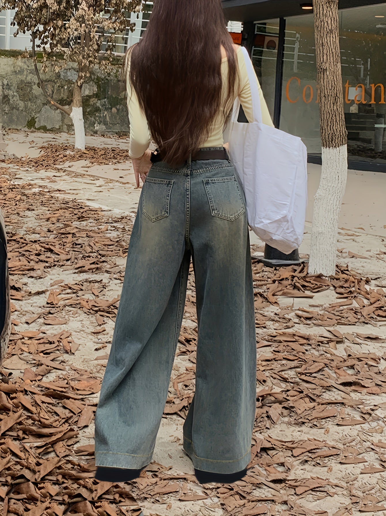 Antmvs High Waist Washed Baggy Jeans, Fleece Liner Loose Fit Without Waistband Wide Legs Jeans, Women's Denim Jeans & Clothing