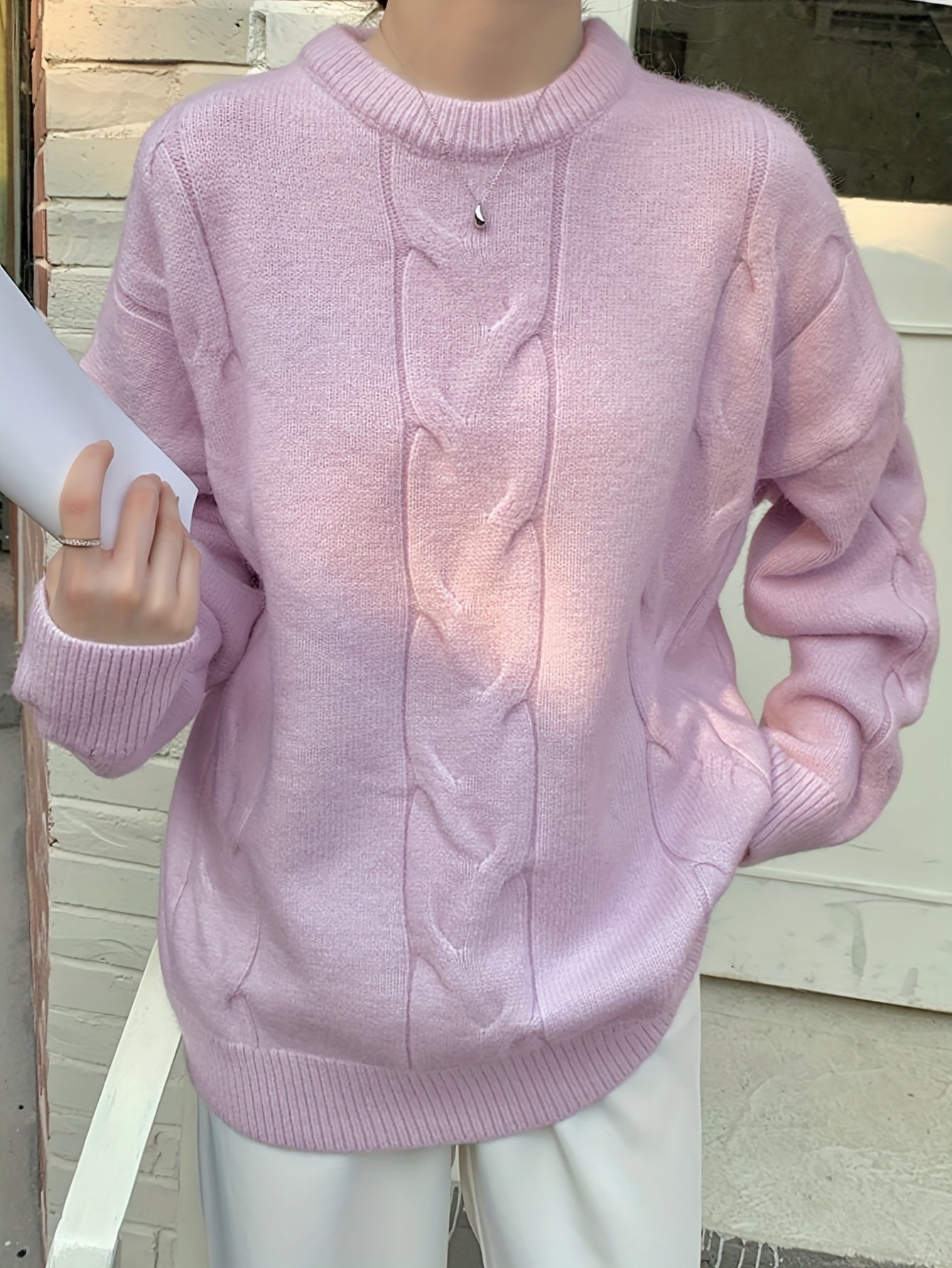 Antmvs Solid Cable Knit Loose Sweater, Casual Crew Neck Long Sleeve Sweater, Women's Clothing