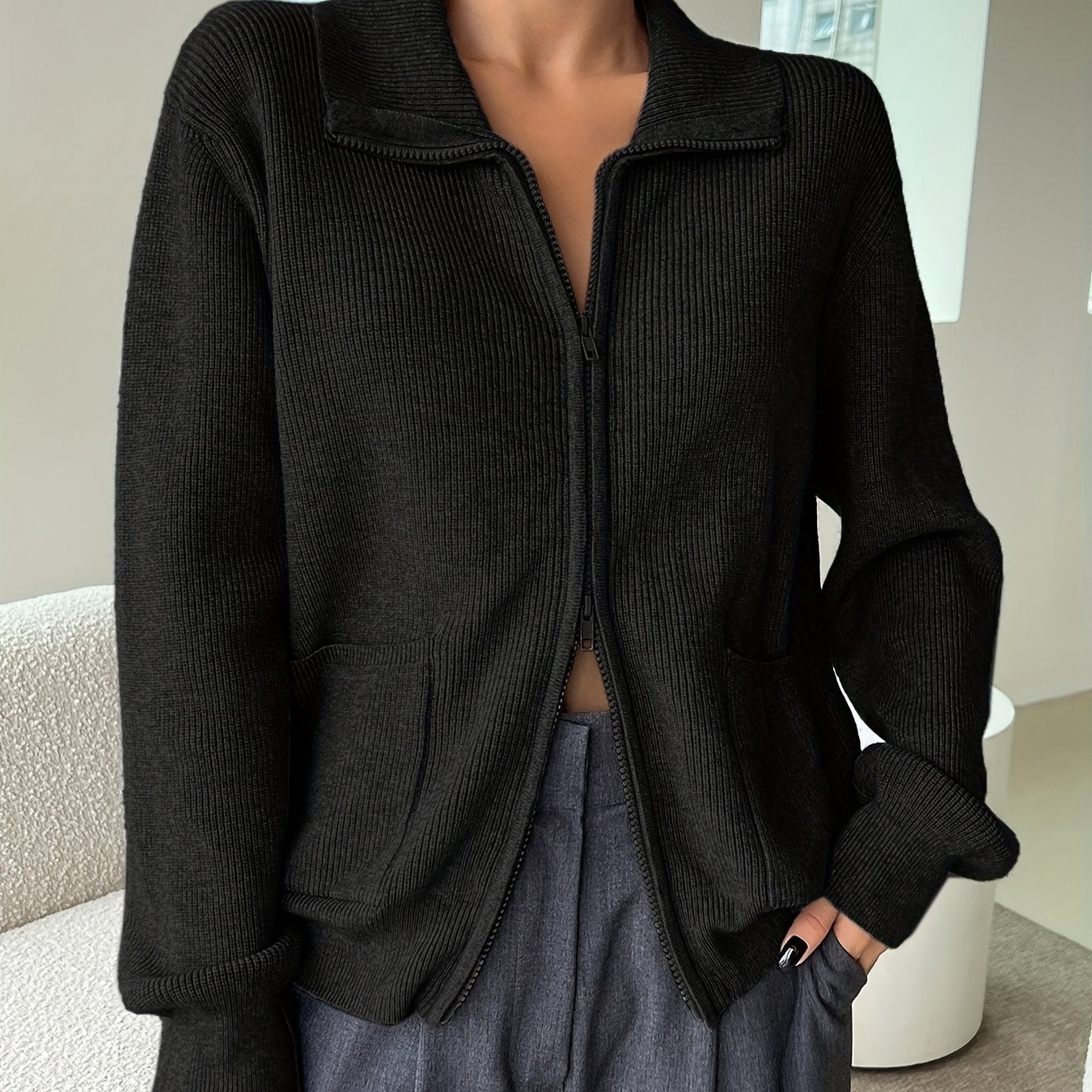 Antmvs Y2K Solid Zip Up Cardigan, Turndown Collar Long Sleeve Sweater For Fall & Winter, Women's Clothing