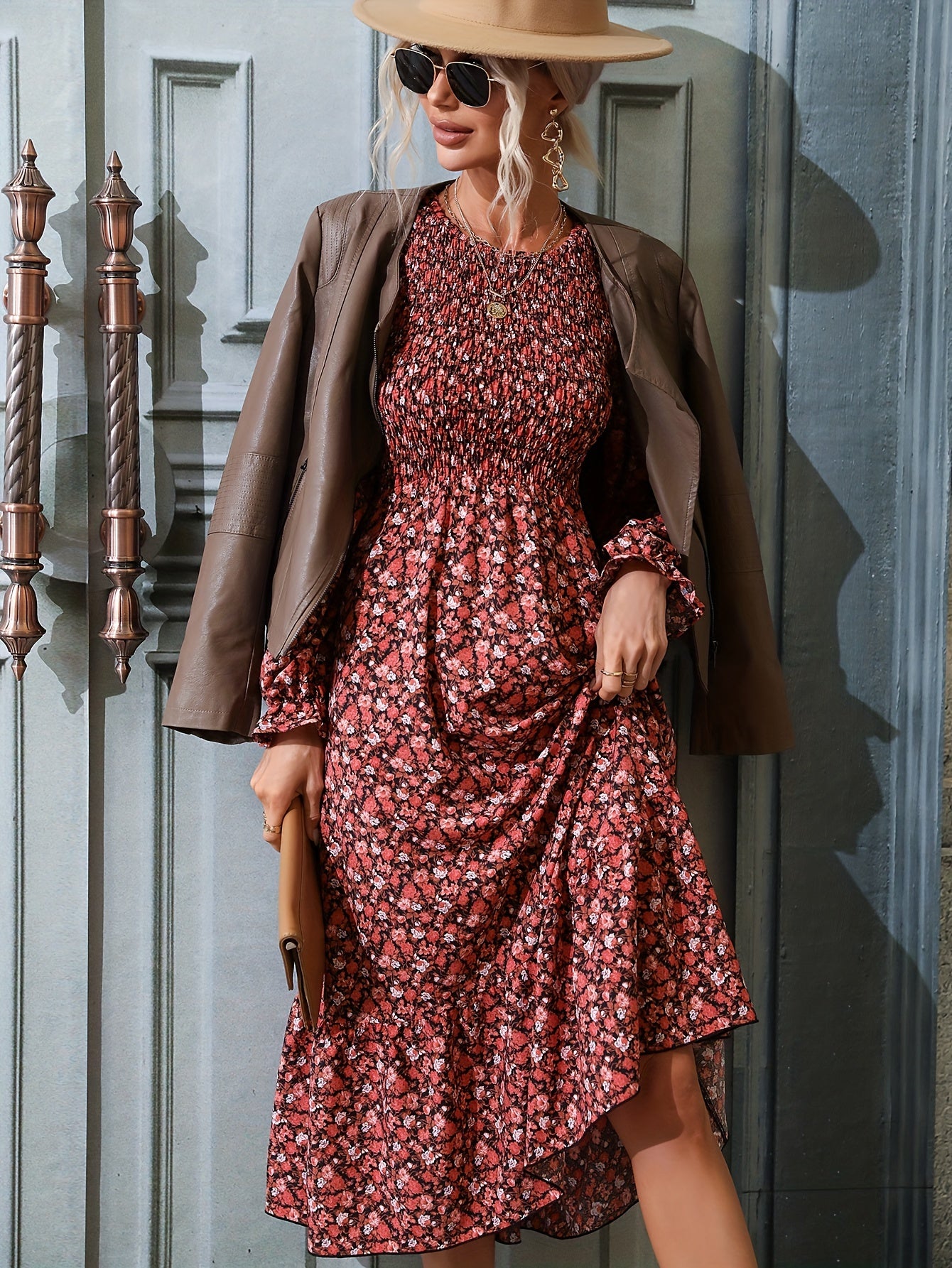 Antmvs Ditsy Floral Print Dress, Elegant Shirred Long Sleeve Midi Dress, Women's Clothing