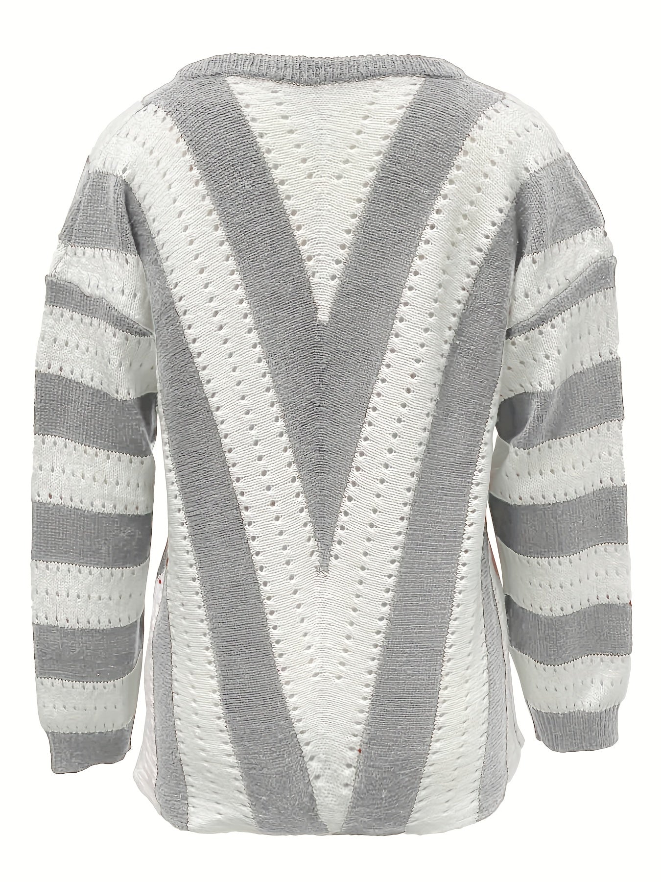 Antmvs Striped Pattern Eyelet Embroidered V Neck Pullover Sweater, Casual Long Sleeve Sweater For Fall & Winter, Women's Clothing