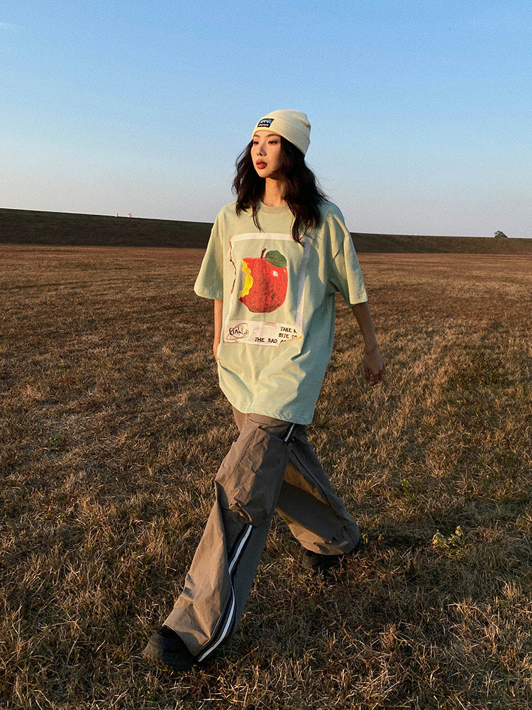 Antmvs Oula Vintage Apple Print Short Sleeve Baggy T-shirt Top