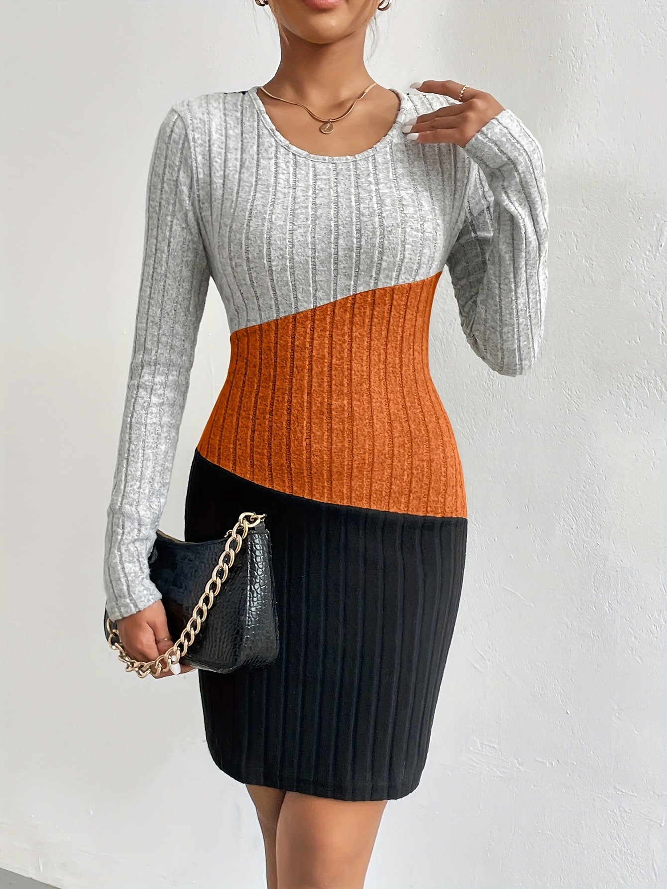 Antmvs Color Block Simple Dress, Elegant Crew Neck Long Sleeve Dress, Women's Clothing