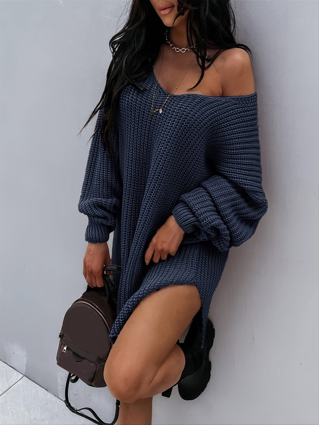 Antmvs Lantern Sleeve Knitted V-neck Sweater, Autumn And Winter New Knitted V-neck Sweater, Women's Clothing