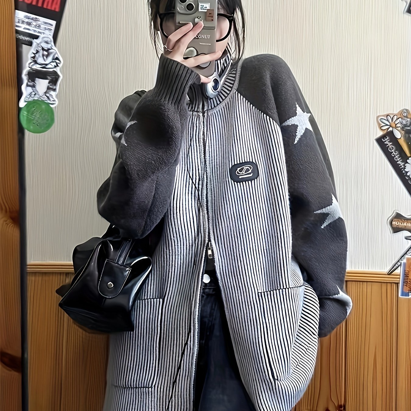 Antmvs Striped & Star Pattern Knit Cardigan, Vintage Zip Up Long Sleeve Preppy Sweater With Pocket, Women's Clothing