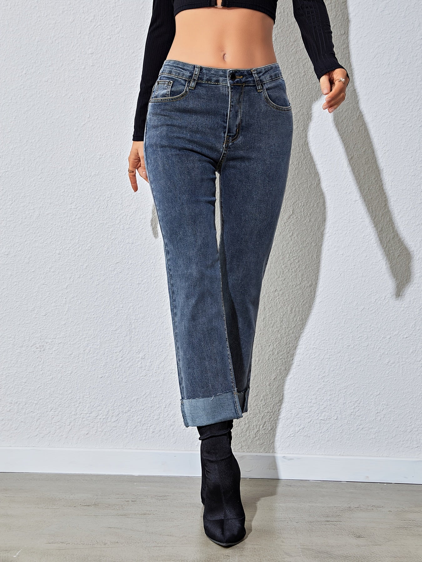Antmvs Raw Hem Rolled Legs Mid Rise Slim Fit Straight Legs High Stretchy Washed Blue Color Vintage Straight Jeans, Women's Denim Jeans