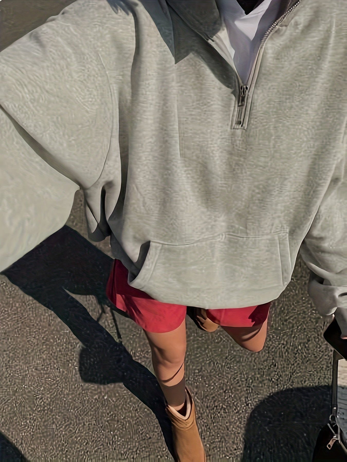 Antmvs Solid Zip Stand Collar Oversized Sweatshirt, Casual Long Sleeve Kangaroo Pocket Sweatshirt, Women's Clothing