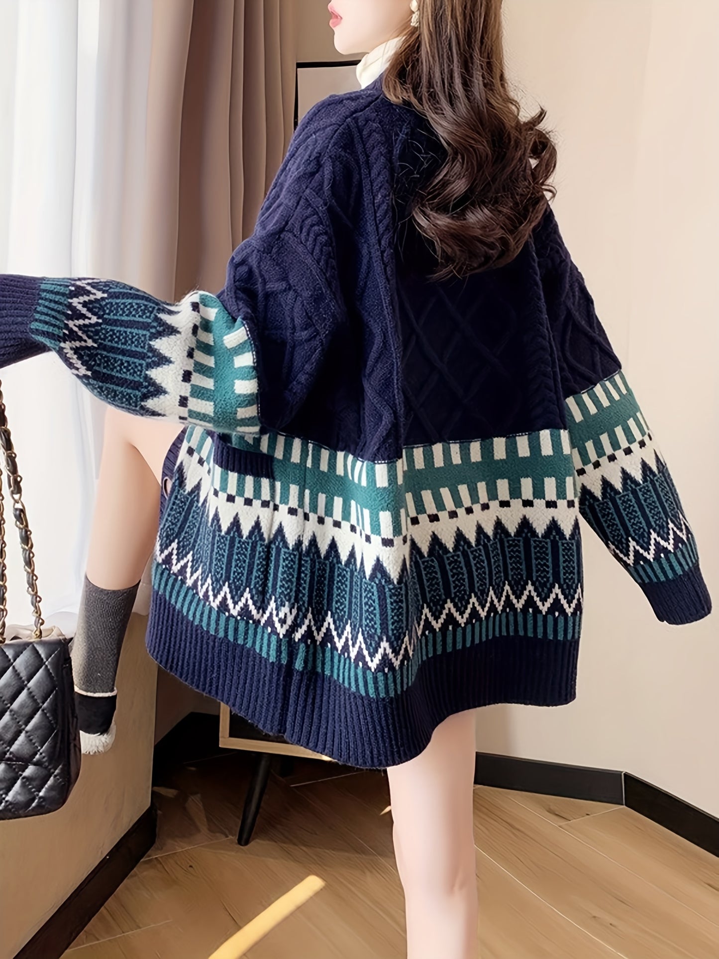Antmvs Geo Pattern Button Down Knit Cardigan, Elegant Long Sleeve Loose Sweater With Pocket, Women's Clothing