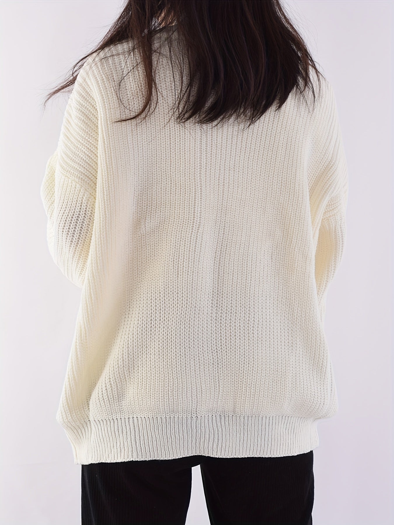 Antmvs Heart Pattern Crew Neck Pullover Sweater, Casual Long Sleeve Drop Shoulder Sweater, Women's Clothing