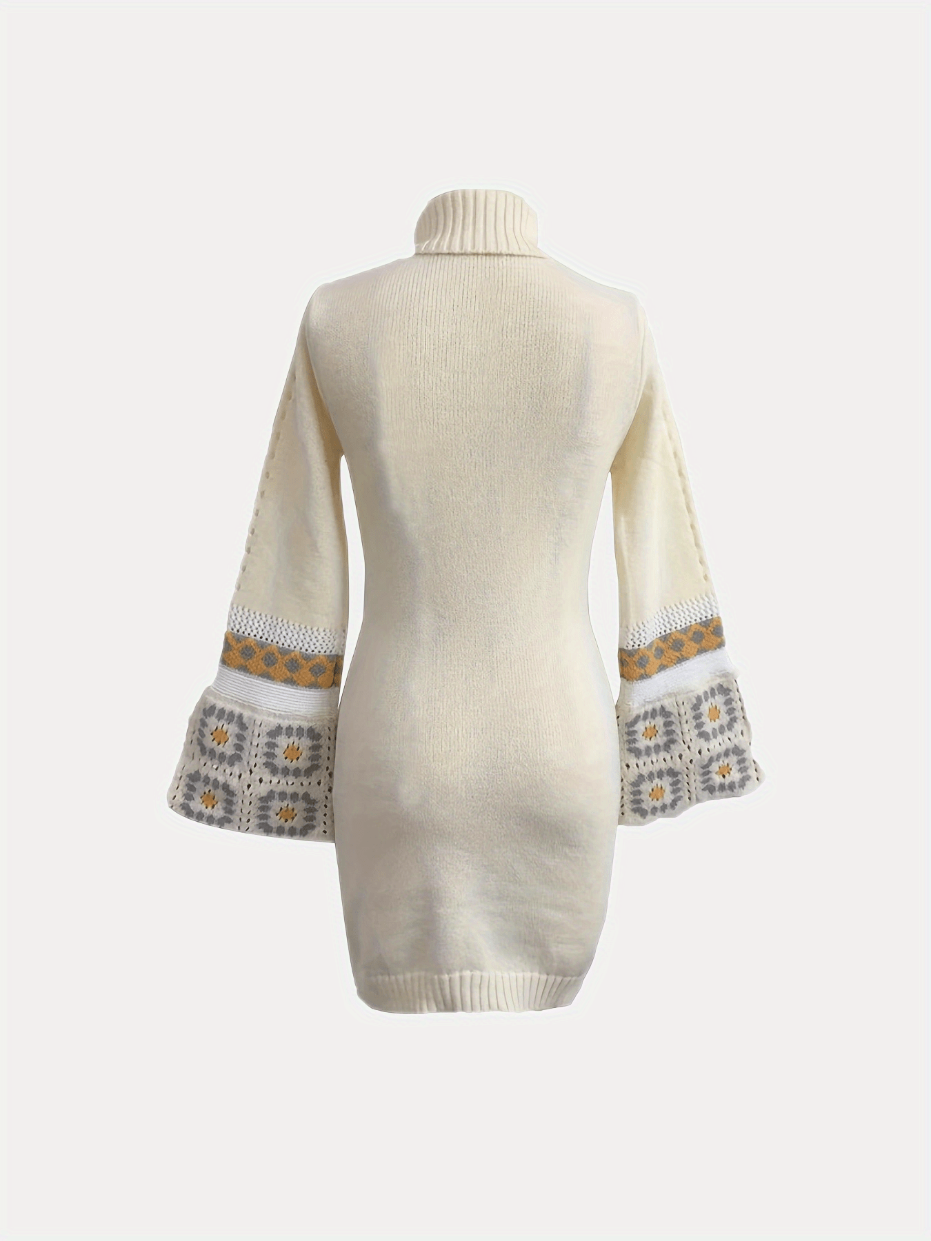 Antmvs Hippie Patchwork Turtleneck Knitted Sweater Dress, Casual Flared Cuff Long Sleeve Dress, Women's Clothing