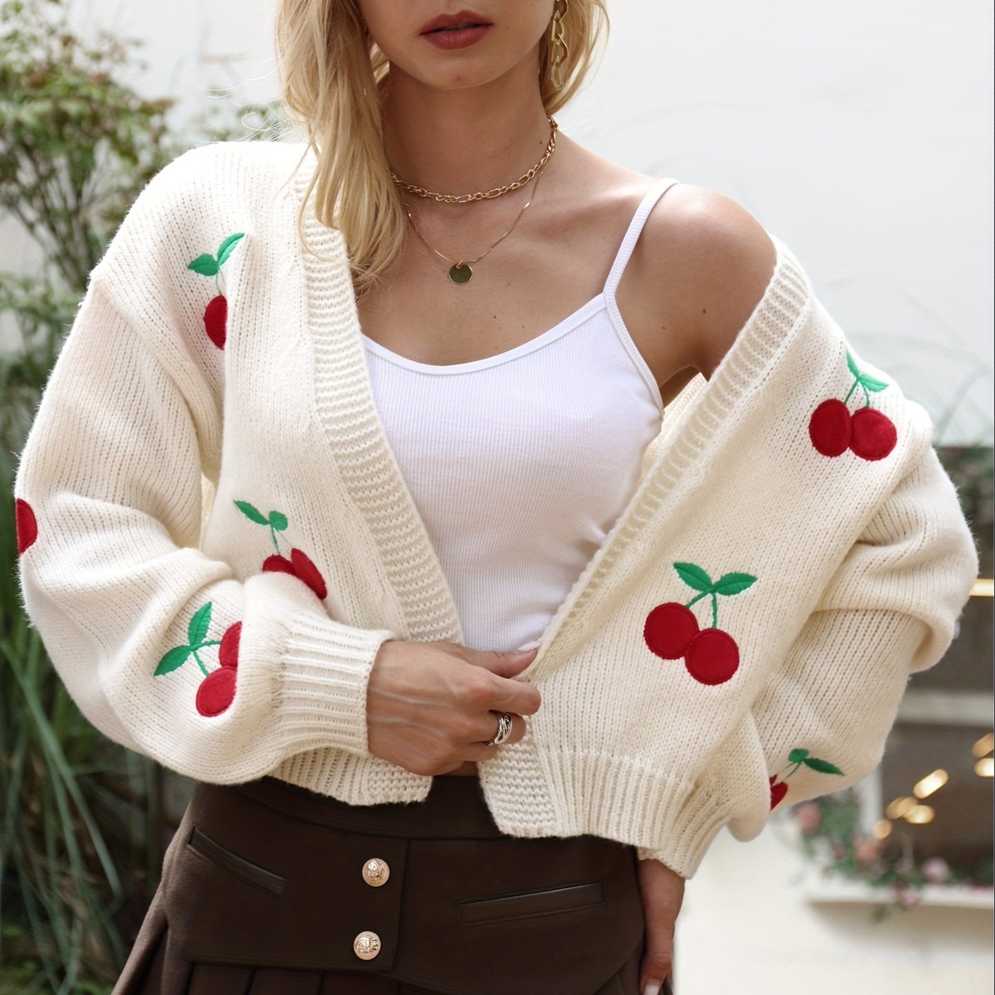 Antmvs Cherry Embroidered Knit Cardigan, Casual Open Front Long Sleeve Sweater, Women's Clothing