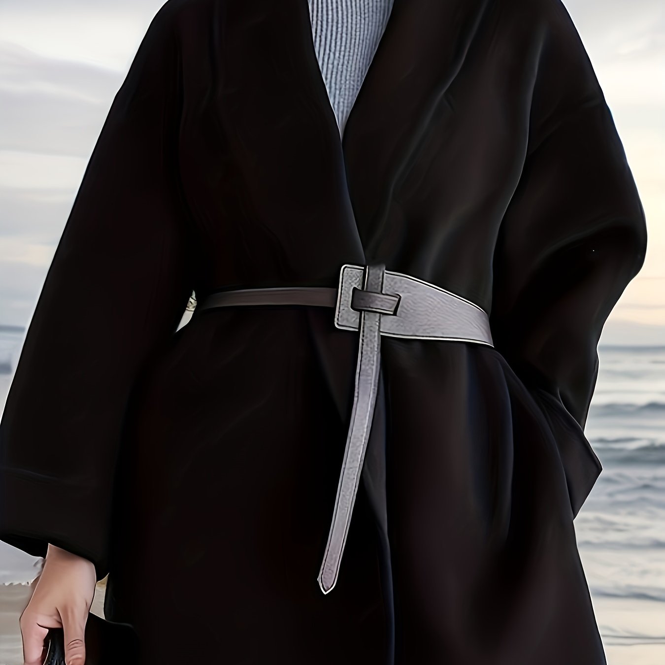 Antmvs Plus Size Elegant Coat, Women's Plus Solid Long Sleeve Shawl Collar Surplice Neck Woolen Coat With Pockets & Belt