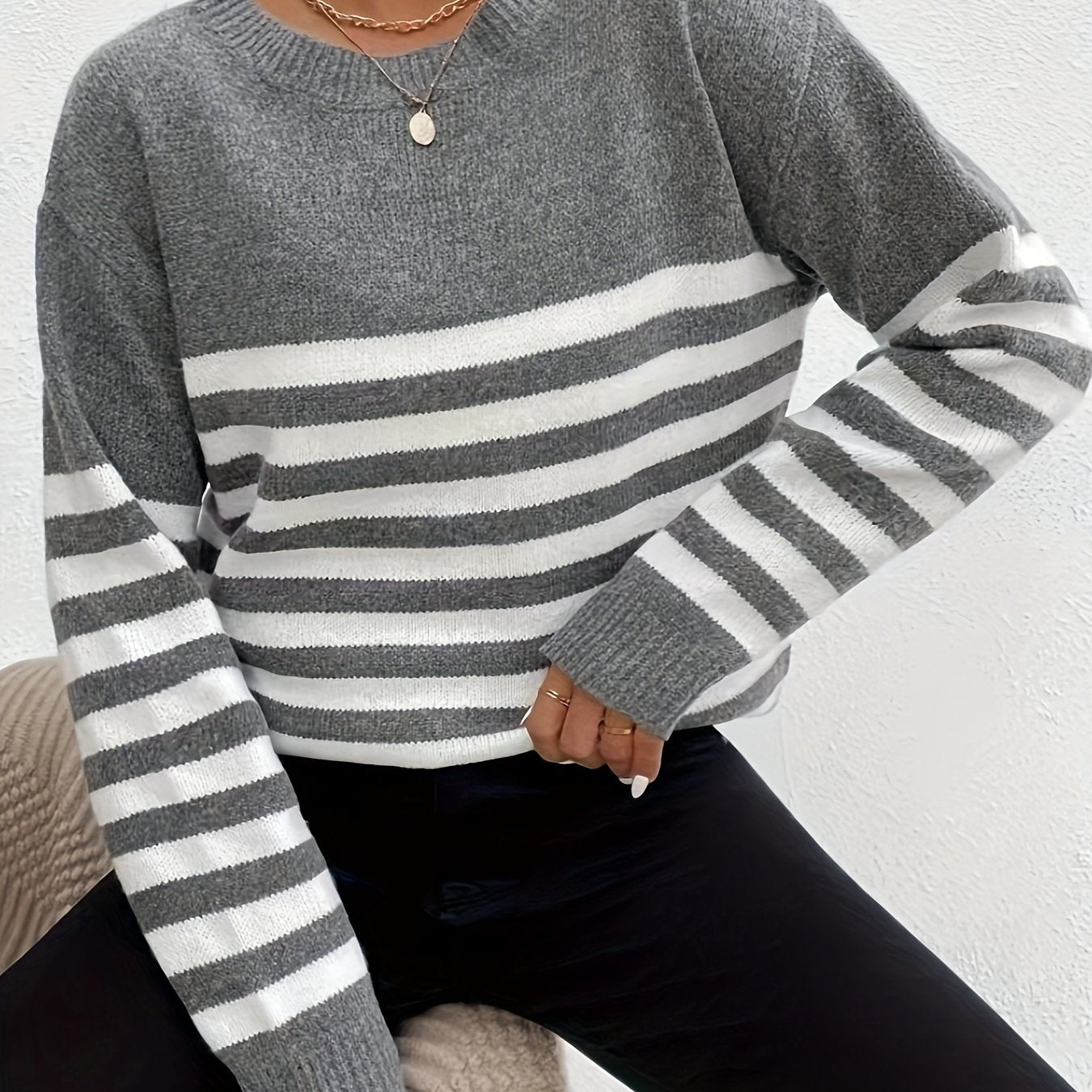 Antmvs Striped Crew Neck Pullover Sweater, Casual Long Sleeve Loose Knit Sweater, Women's Clothing