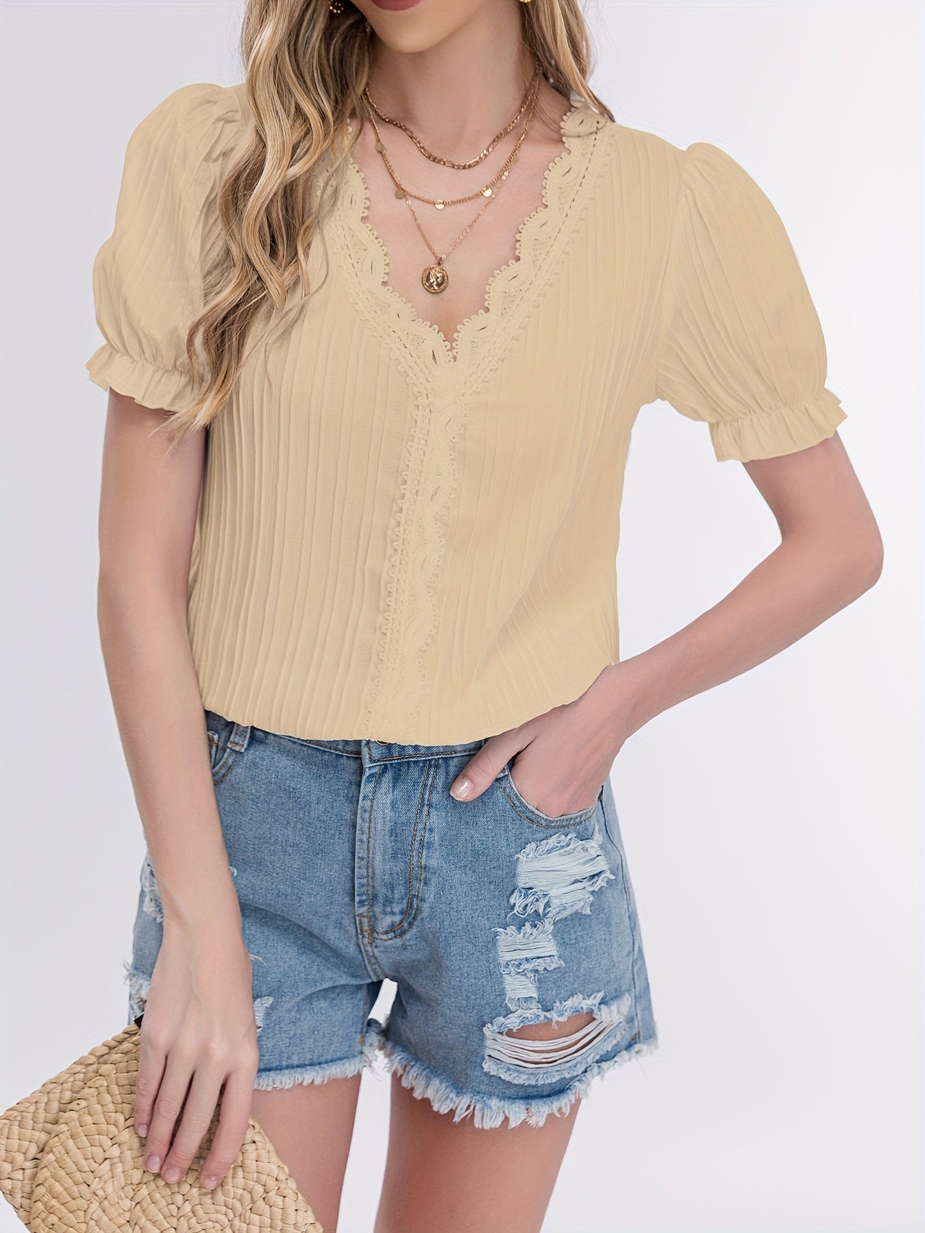 Antmvs Striped Solid Blouse, V Neck Casual Short Sleeve Versatile Blouse, Women's Clothing