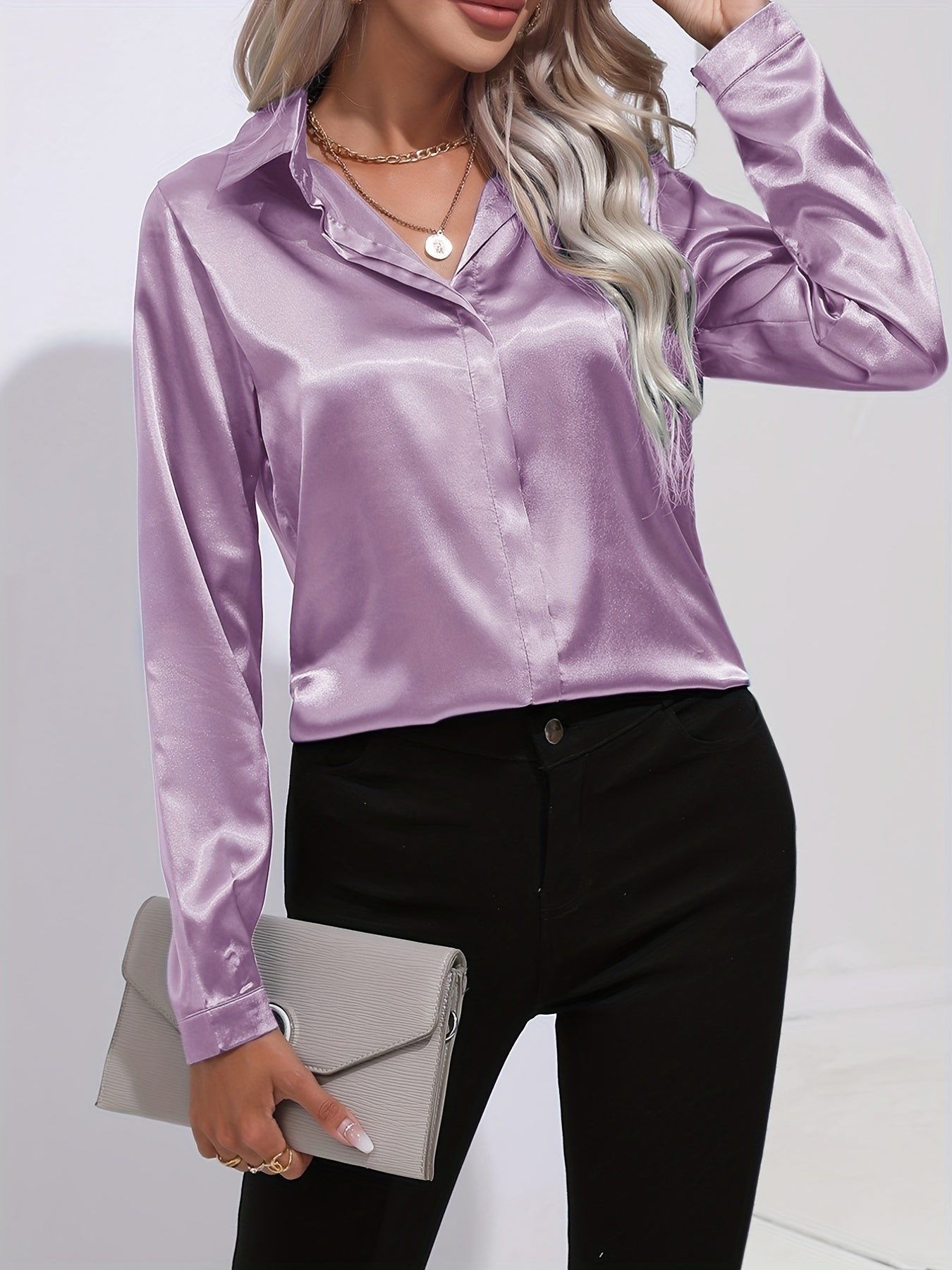 Antmvs Elegant Satin Blouse, Collar Long Sleeve Work Blouse, Women's Clothing
