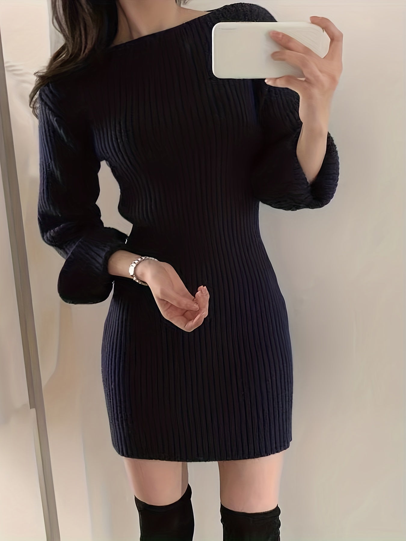 Antmvs Solid Boat Neck Sweater Dress, Elegant Long Sleeve Bodycon Knitted Dress, Women's Clothing