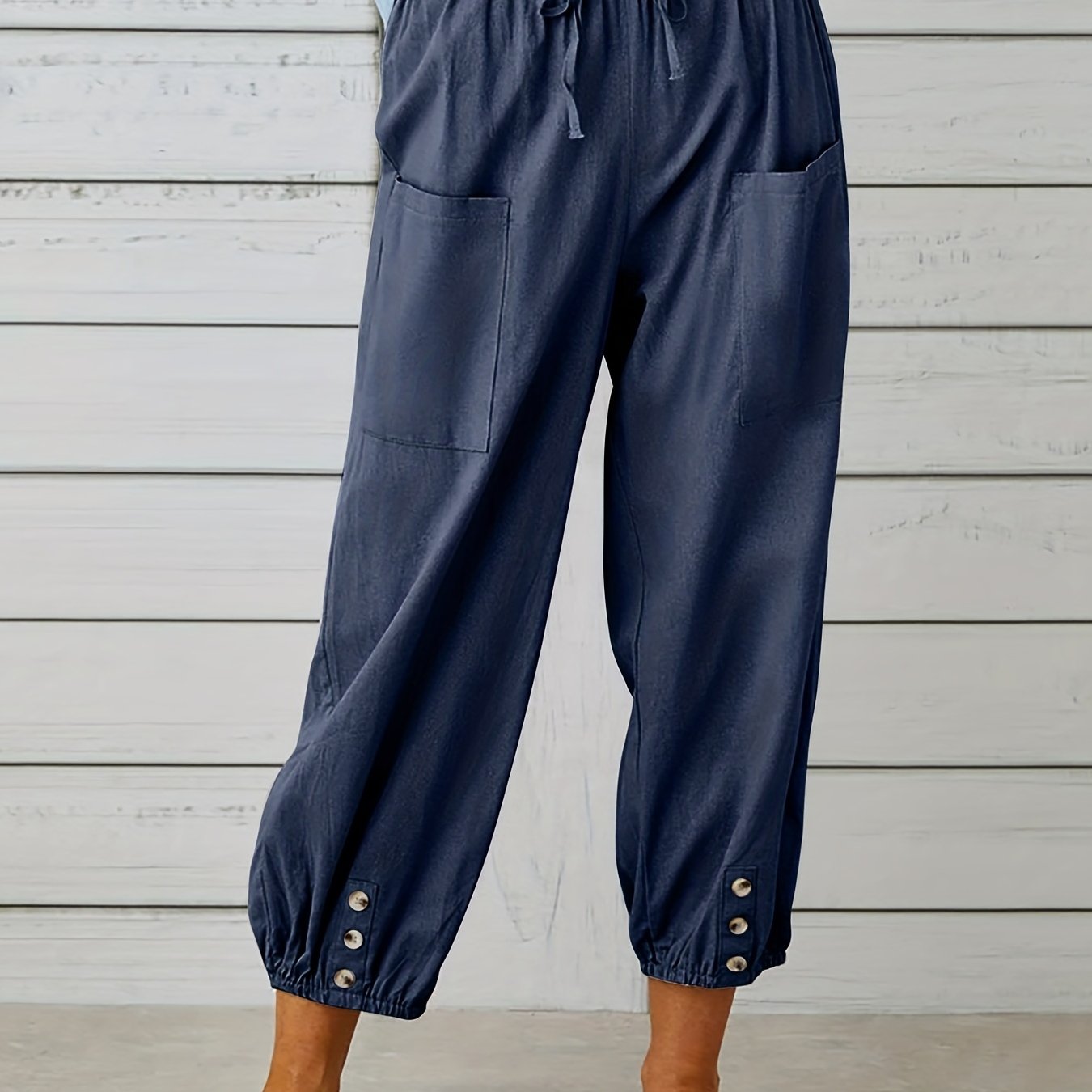 Antmvs Boho Baggy Harem Pants With Pockets, Drawstring Waist Casual Pants For Spring & Summer, Women's Clothing