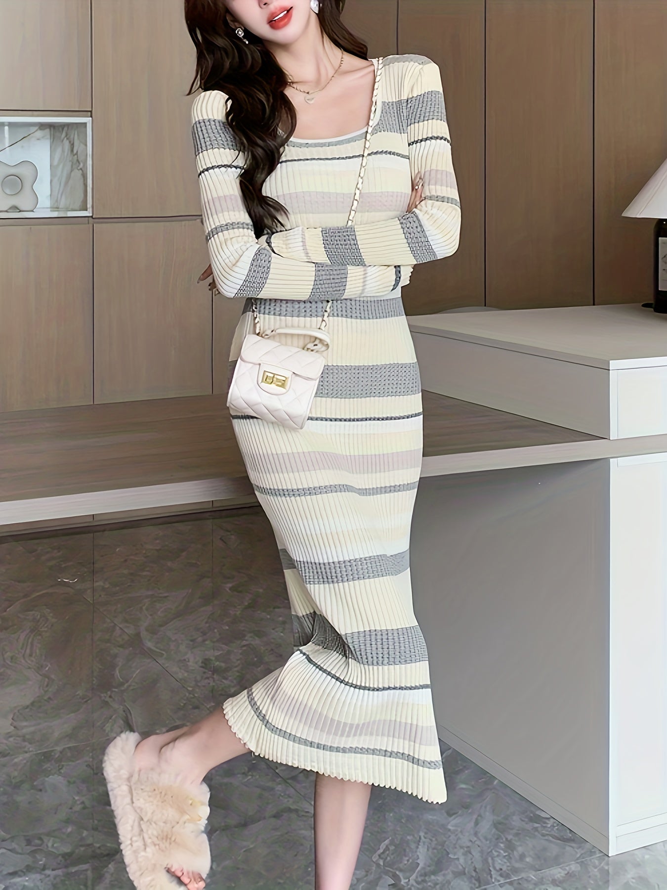 Antmvs Striped Bodycon Midi Dress, Elegant Scoop Neck Long Sleeve Dress, Women's Clothing