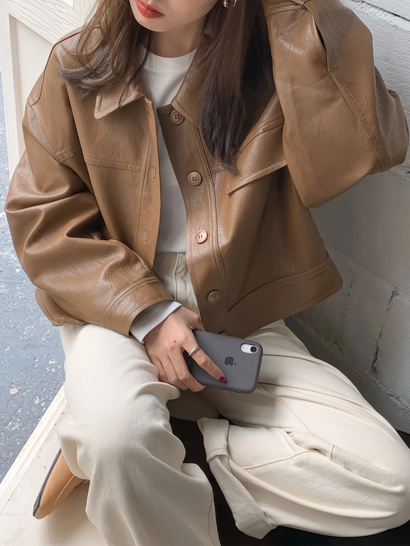 Antmvs Solid Faux Leather Vintage Jacket, Long Sleeve Single Breasted Outwear For Fall & Winter, Women's Clothing