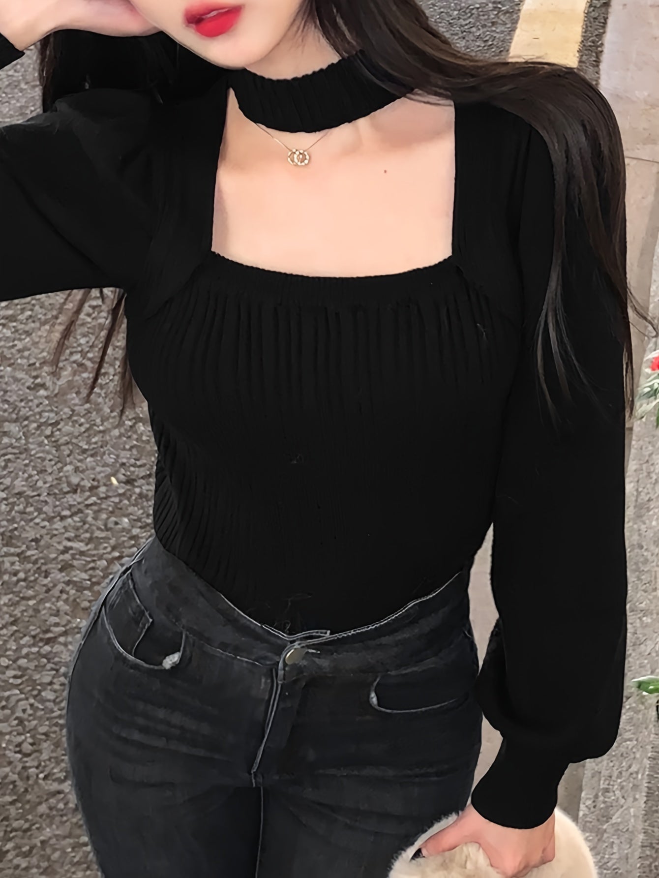 Antmvs Solid Color Halter Neck Pullover Sweater, Y2K Cut Out Long Sleeve Slim Sweater For Fall & Winter, Women's Clothing