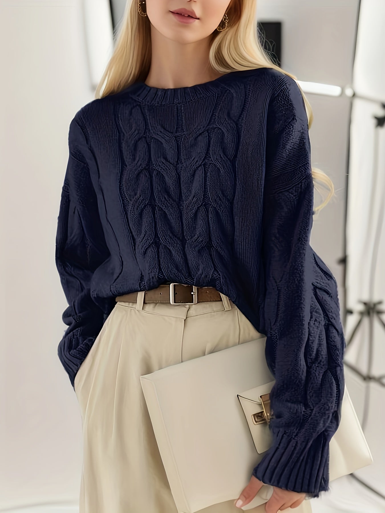 Antmvs Textured Crew Neck Sweater, Versatile Long Sleeve Sweater For Fall & Winter, Women's Clothing