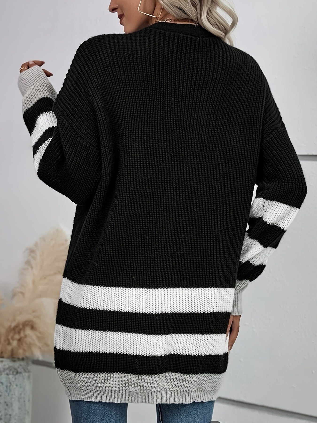 Antmvs Stripe V-neck Loose Cardigans, Casual Drop Shoulder Long Sleeve Fall Winter Knit Cardigan, Women's Clothing