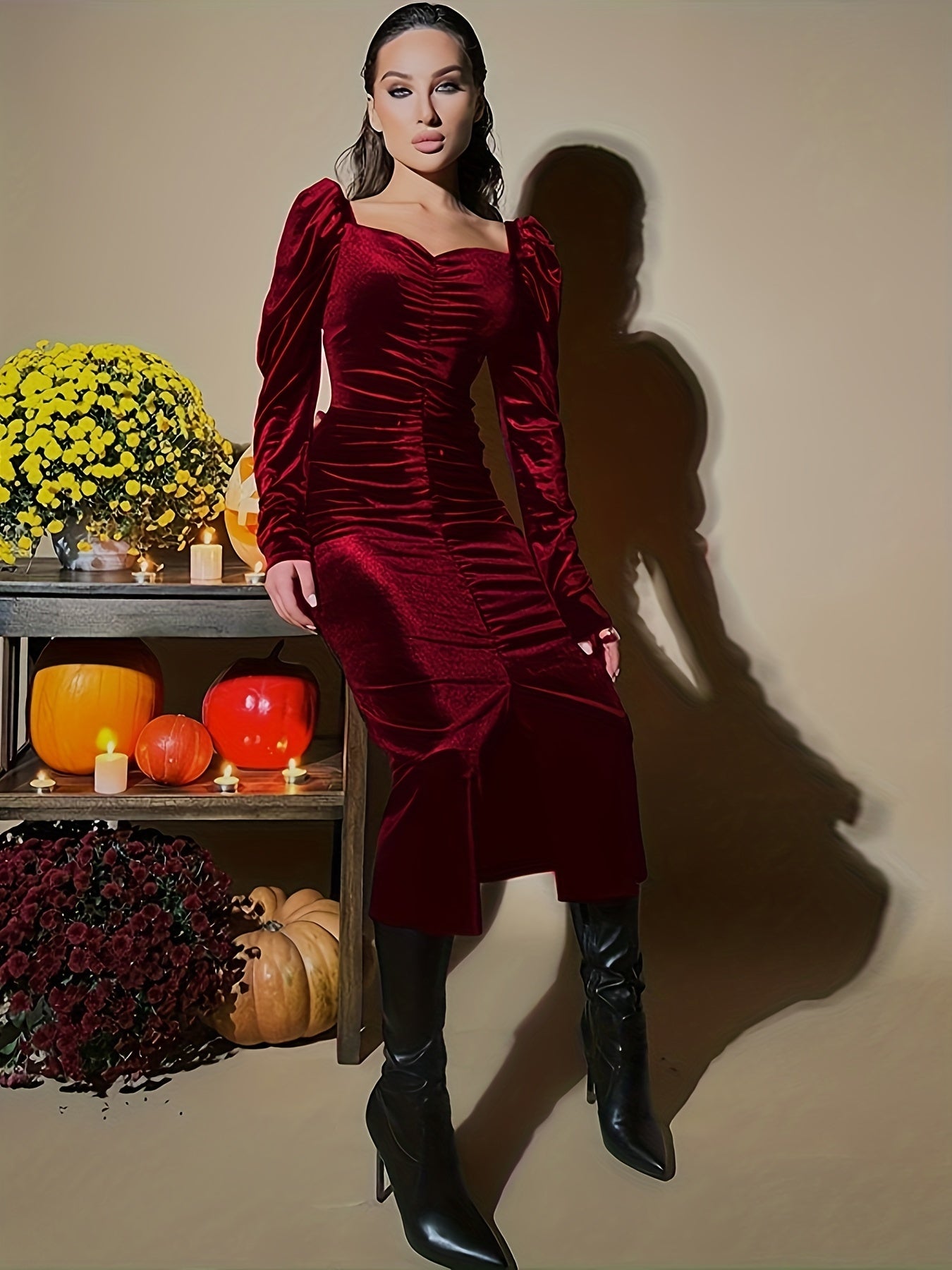 Antmvs Ruched Sweetheart Neck Dress, Vintage Long Sleeve Bodycon Dress, Women's Clothing