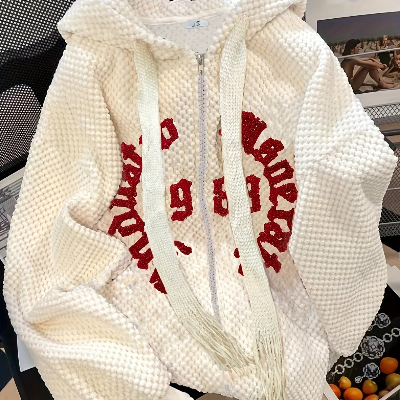 Antmvs Slogan Print Zip-up Textured Hoodie, Casual Long Sleeve Drawstring Hoodie Outerwear, Women's Clothing