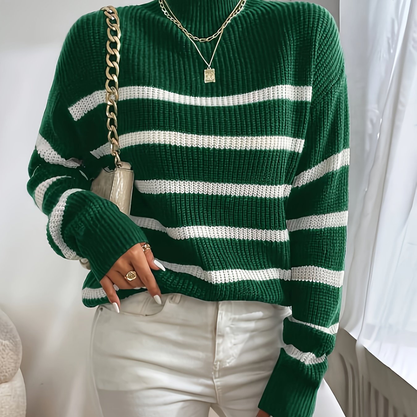 Antmvs Striped Turtle Neck Pullover Sweater, Casual Long Sleeve Sweater, Women's Clothing