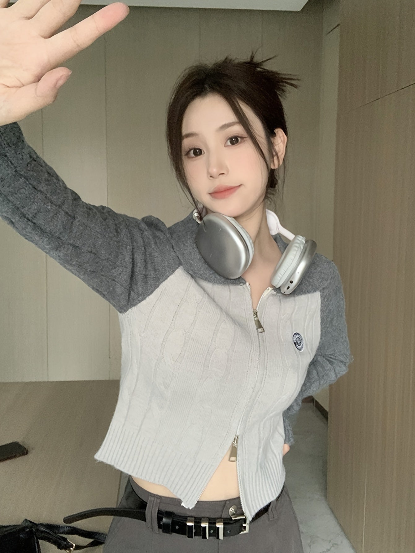 Antmvs Color Block Zip Up Cable Knit Cardigan, Casual Long Sleeve Slim Crop Sweater, Women's Clothing