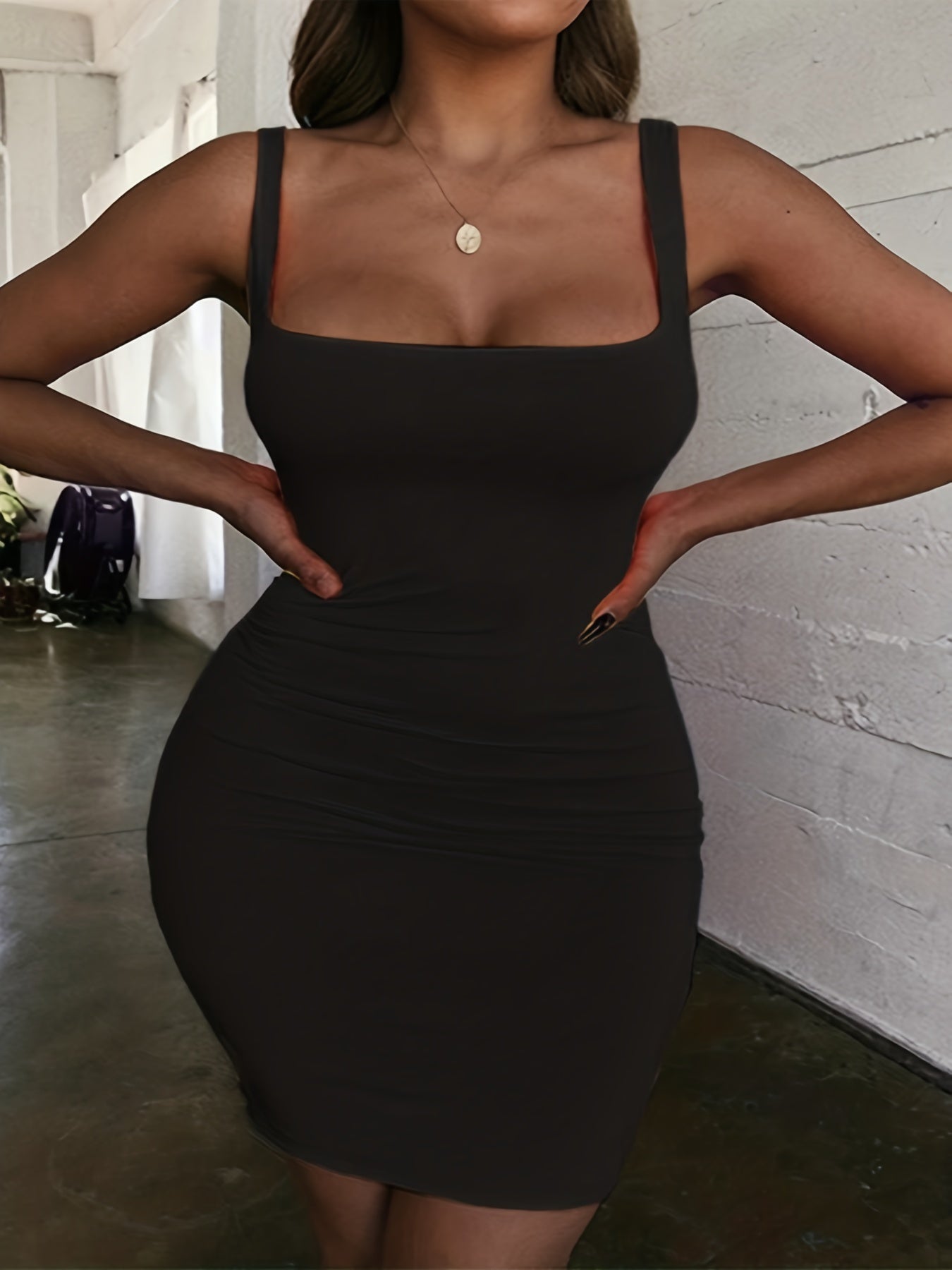 Antmvs Plus Size Sexy Dress, Women's Plus Plain Square Neck Medium Stretch Bodycon Tank Dress