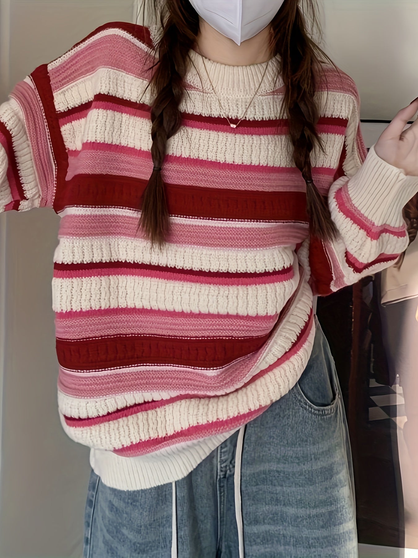 Antmvs Striped Crew Neck Pullover Sweater, Casual Long Sleeve Loose Warm Winter Sweater, Women's Clothing