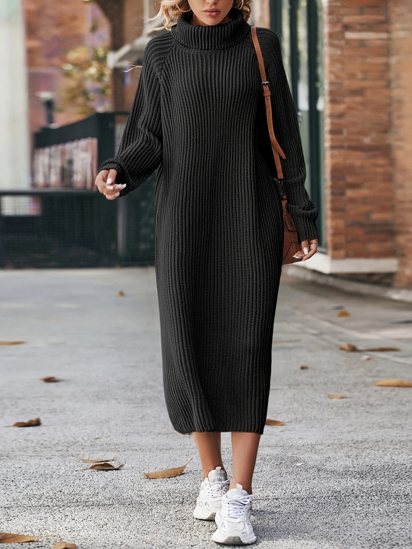 Antmvs Turtleneck Ribbed Sweater Dress, Casual Solid Long Sleeve Midi Dress, Women's Clothing