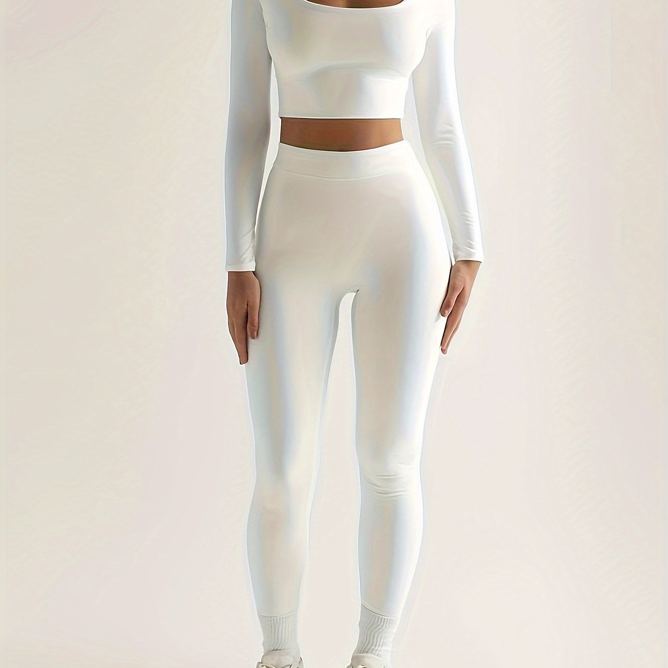 Antmvs Solid Slim Two-piece Set, Casual Long Sleeve Crop Top & High Waist Skinny Pants Outfits, Women's Clothing