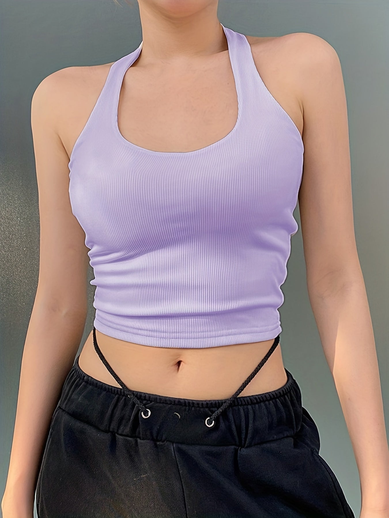Antmvs Halter Neck Crop Sweater Vest, Sexy Backless Casual Sweater For Spring & Summer, Women's Clothing