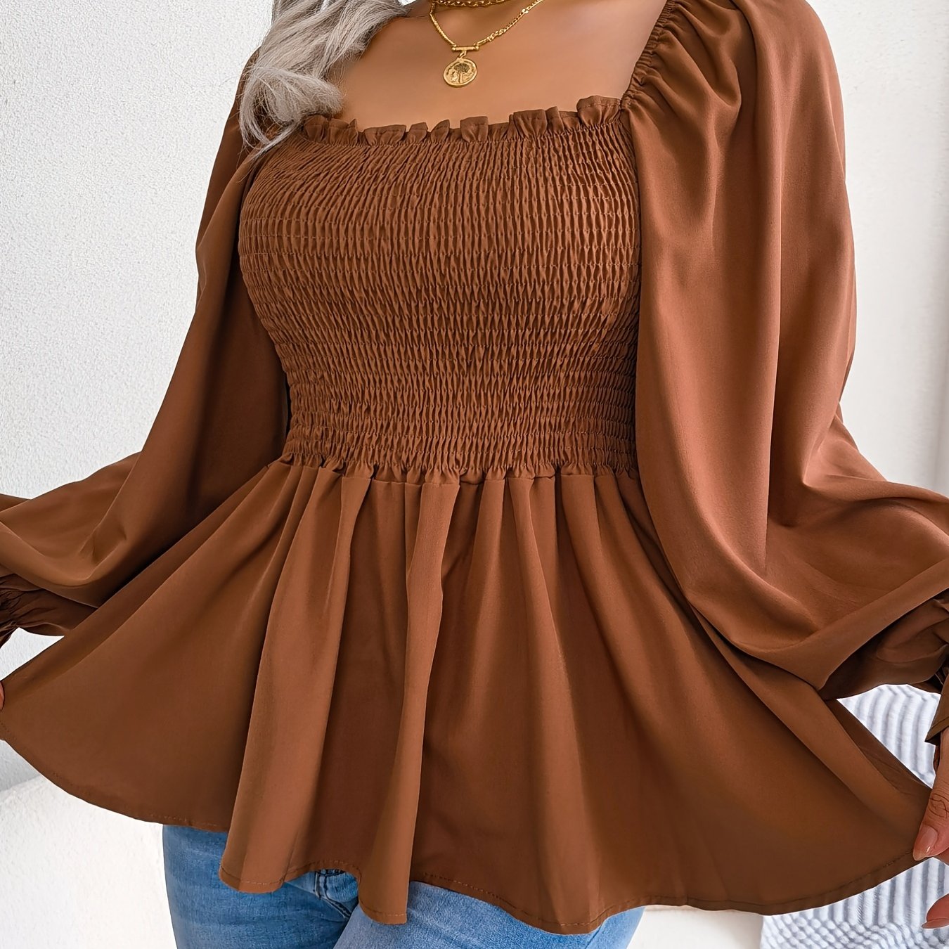 Antmvs Shirred Lantern Sleeve Shirt, Casual Squared Neck Pleated Ruffle Trim Solid Shirt, Women's Clothing