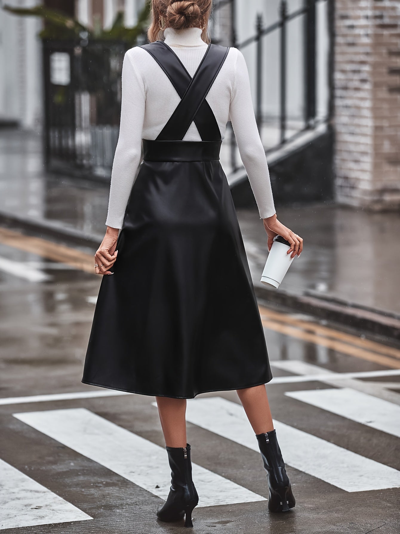 Antmvs Faux Leather Button Decor Dress, Stylish Plunge Neck A-line Dress, Women's Clothing