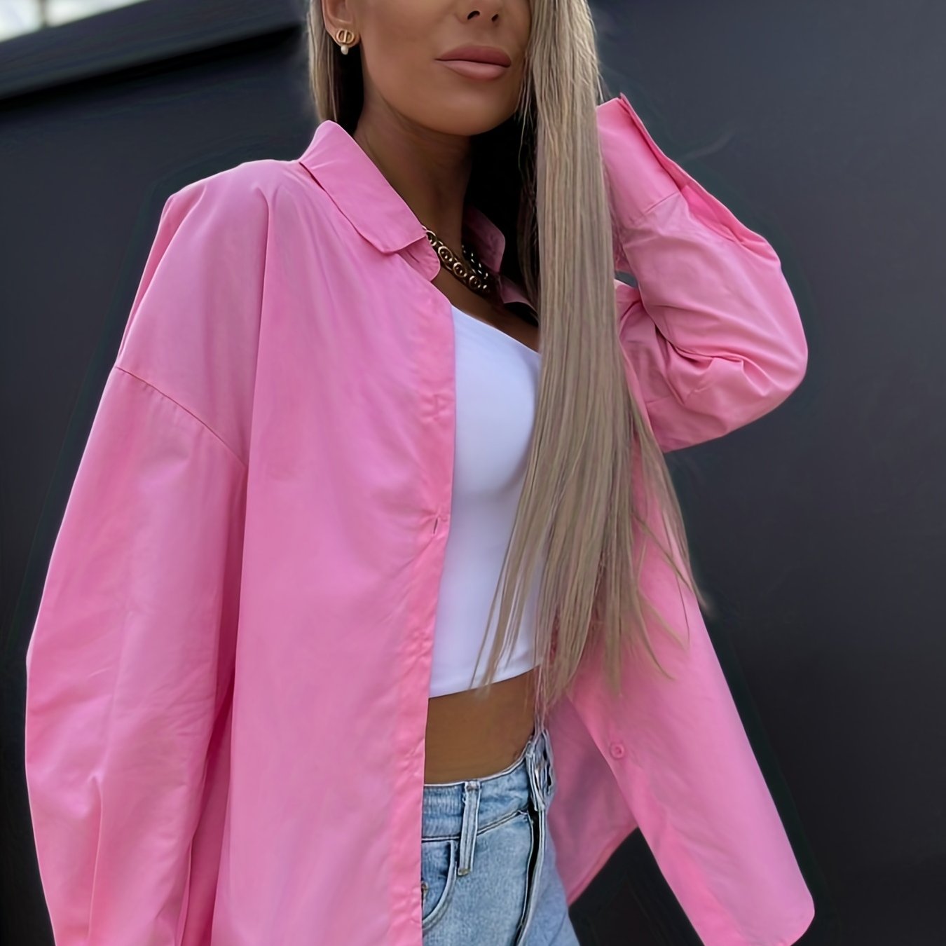 Antmvs V-neck Loose Lapel Blouses, Casual Button Down Long Sleeve Fashion Spring Summer Shirts Tops, Women's Clothing