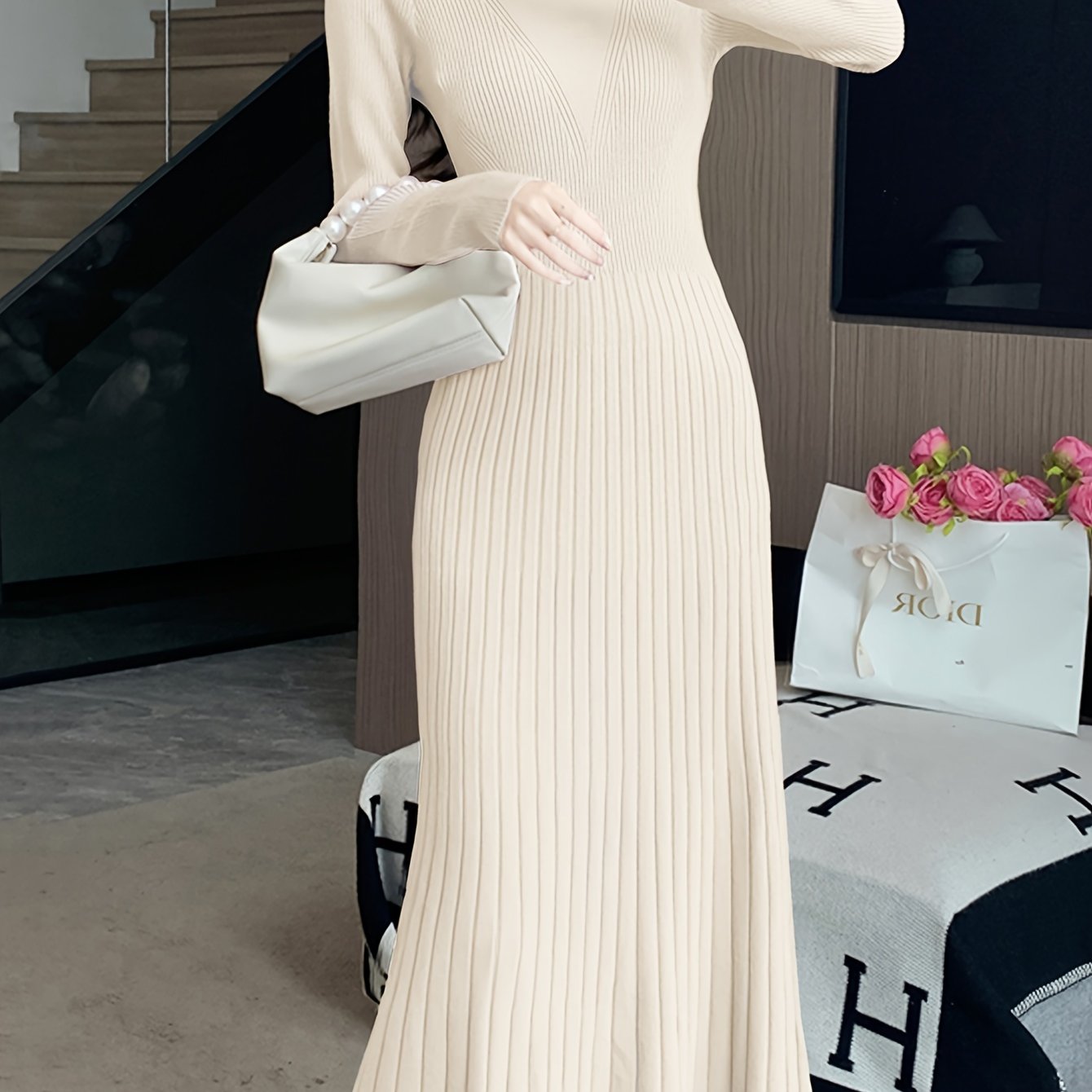 Antmvs Solid Color Long Sleeve Knit Dress, Chic Long Sleeve Crew Neck A-line Dress, Women's Clothing