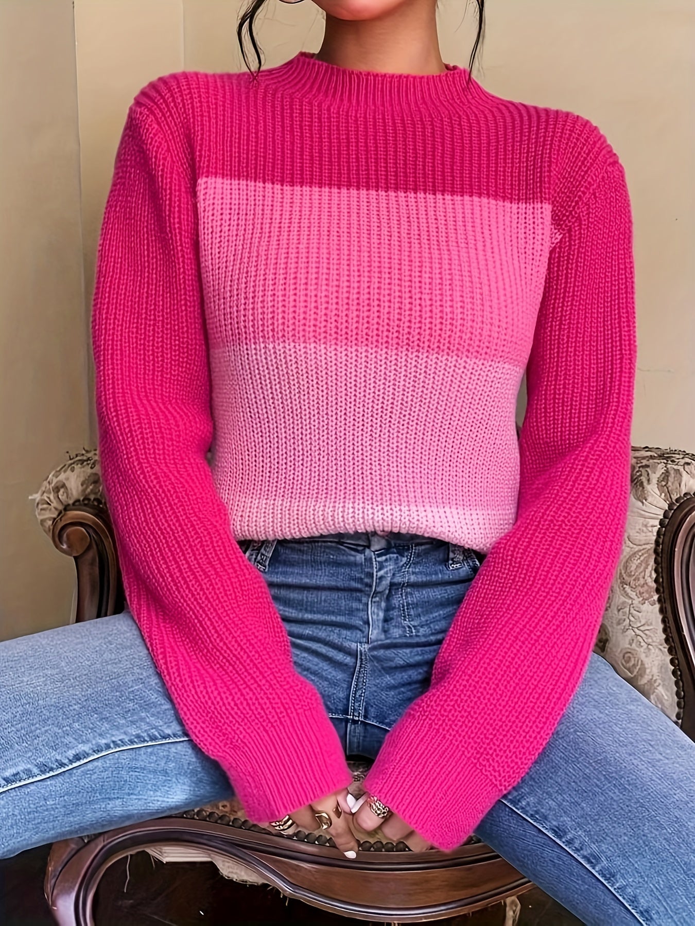 Antmvs Color Block Mock Neck Pullover Sweater, Casual Long Sleeve Loose Sweater, Women's Clothing
