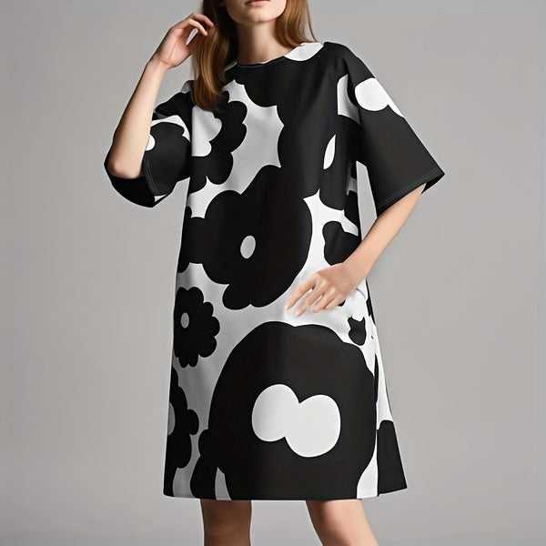 Antmvs Floral Print Short Sleeve Dress, Casual Crew Neck Dress For Spring & Summer, Women's Clothing