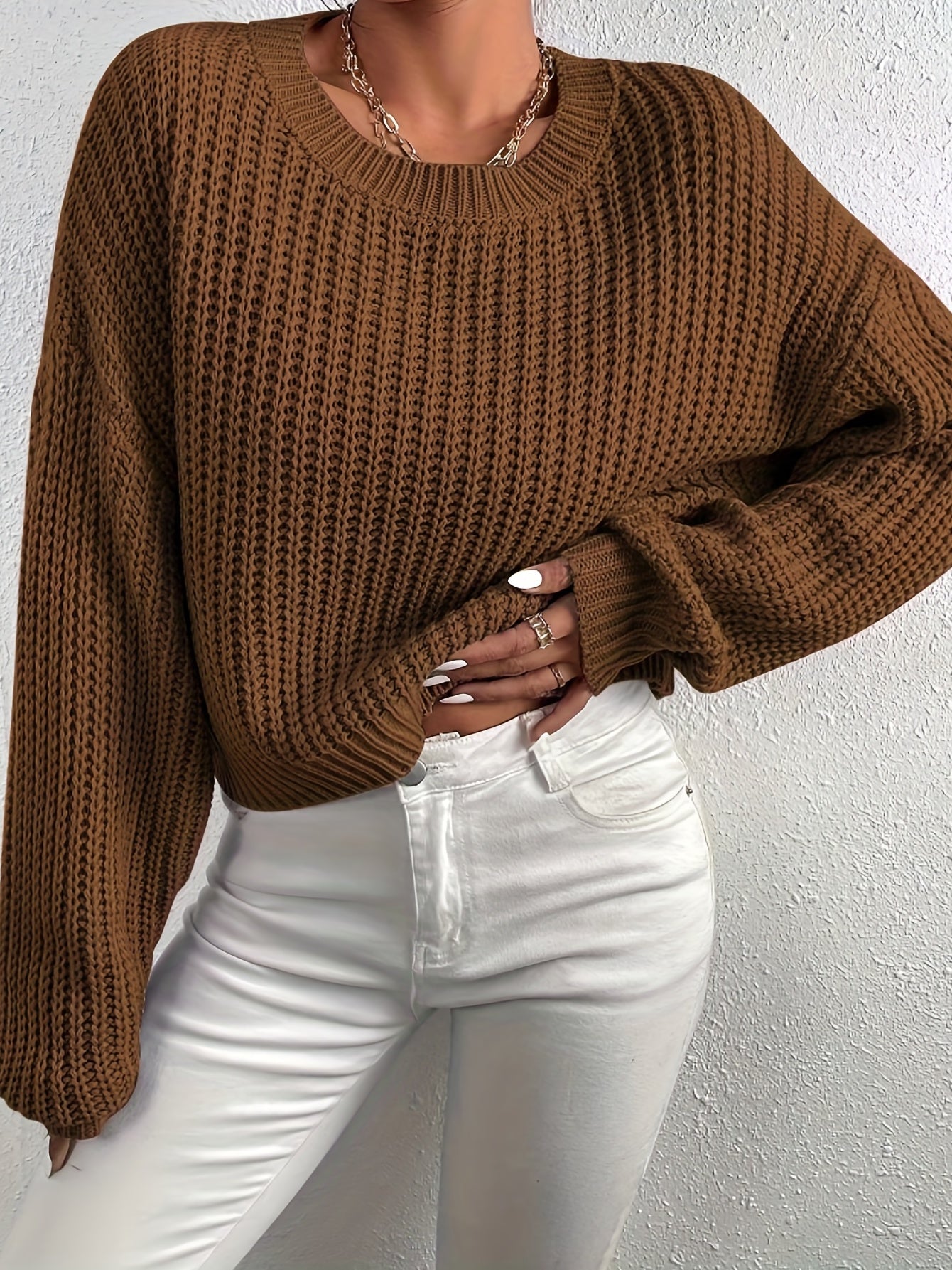 Antmvs Crew Neck Rib Knit Sweater, Casual Drop Shoulder Oversized Long Sleeve Loose Fall Winter Knit Sweater, Women's Clothing