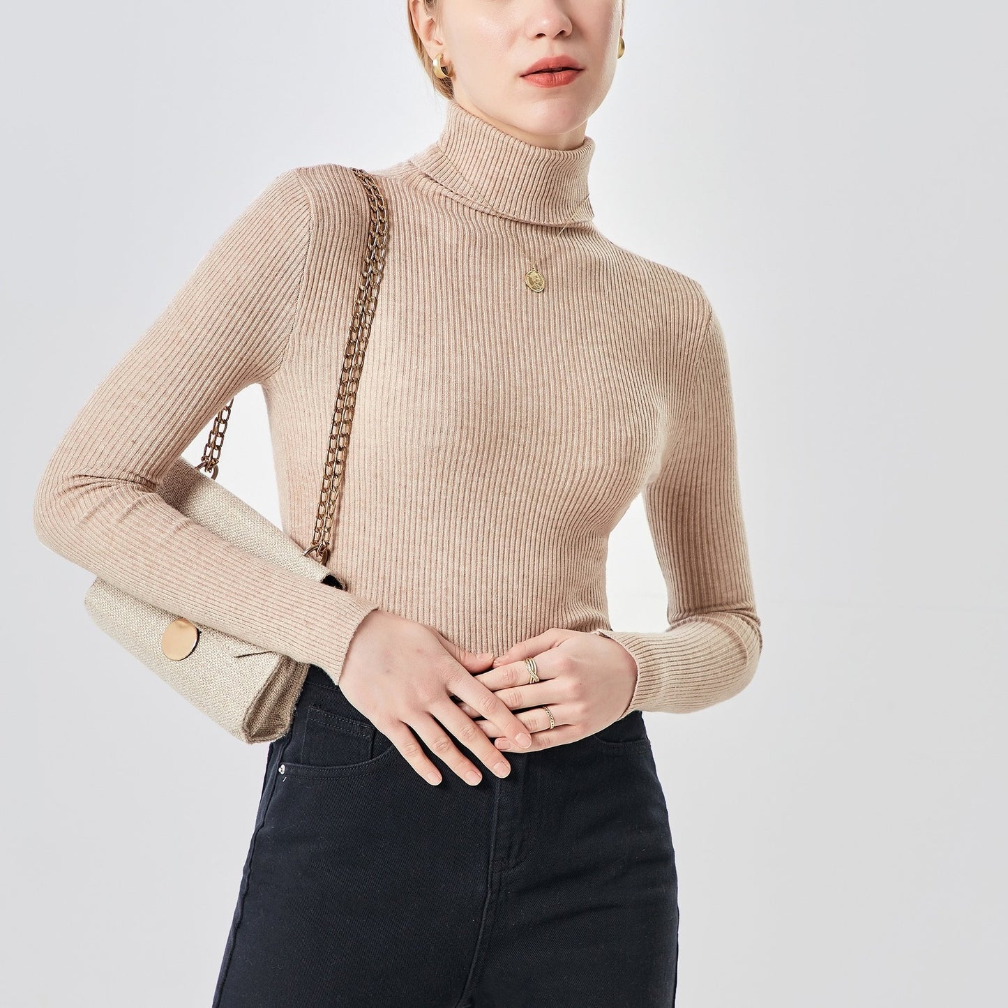 Antmvs Women's Sweater Turtleneck Solid Ribbed Long Sleeve Slim Pullover Knit Tops