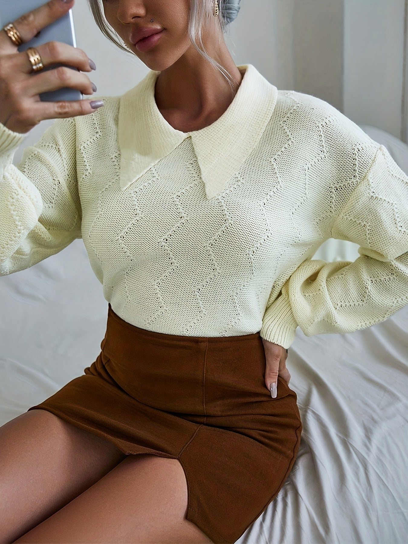 Antmvs Solid Polo Collar Pullover Sweater, Casual Long Sleeve Sweater For Spring & Fall, Women's Clothing