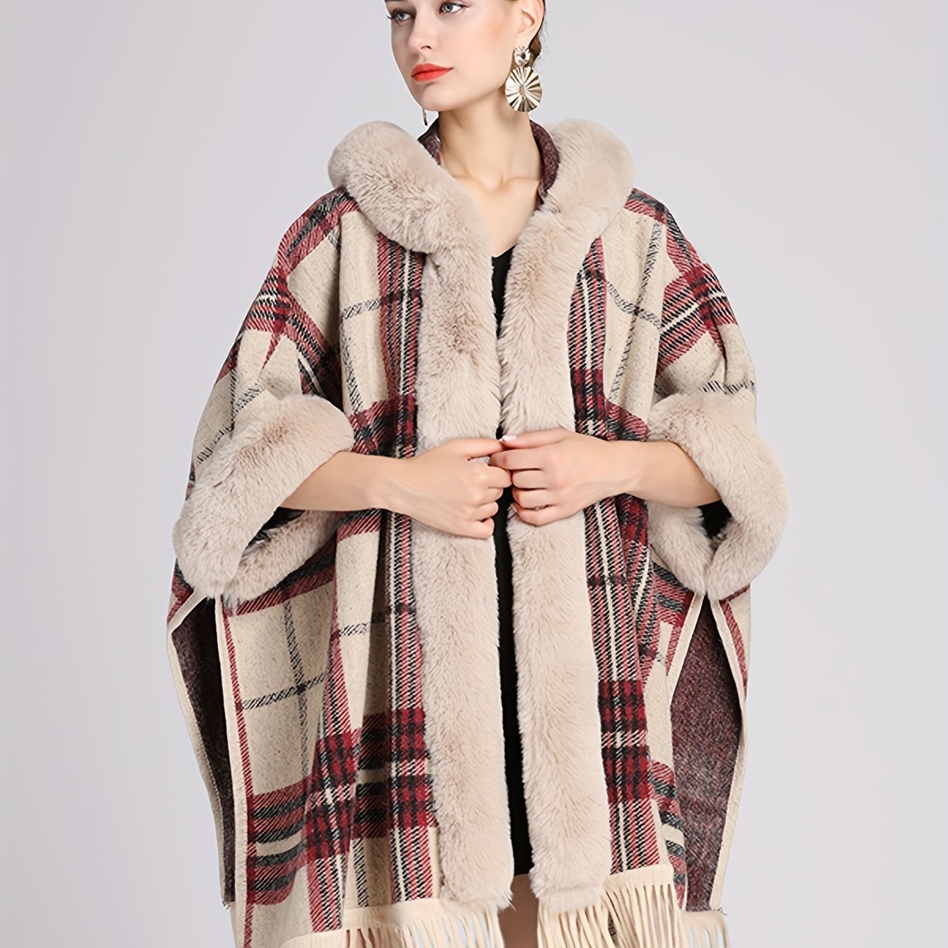 Antmvs Fuzzy Trim Plaid Cape Cardigan, Elegant Tassel Open Front Shawl Tops, Women's Clothing