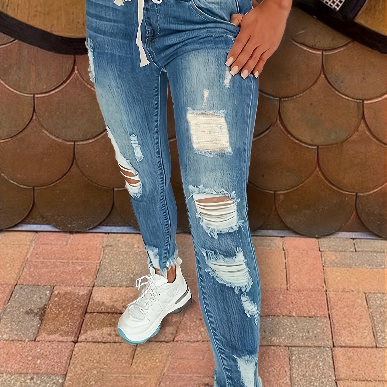 Antmvs Raw Hem Ripped Mom Jeans, Elastic Waistband Distressed Slash Pockets Denim Pants, Women's Denim Jeans & Clothing