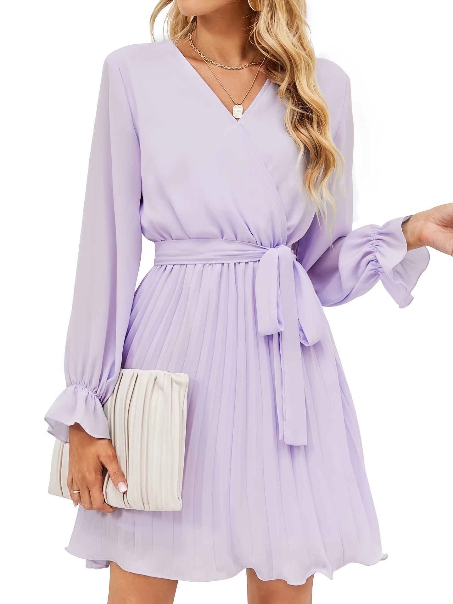 Antmvs Surplice Neck Pleated Dress, Elegant Long Sleeve Dress For Spring & Fall, Women's Clothing