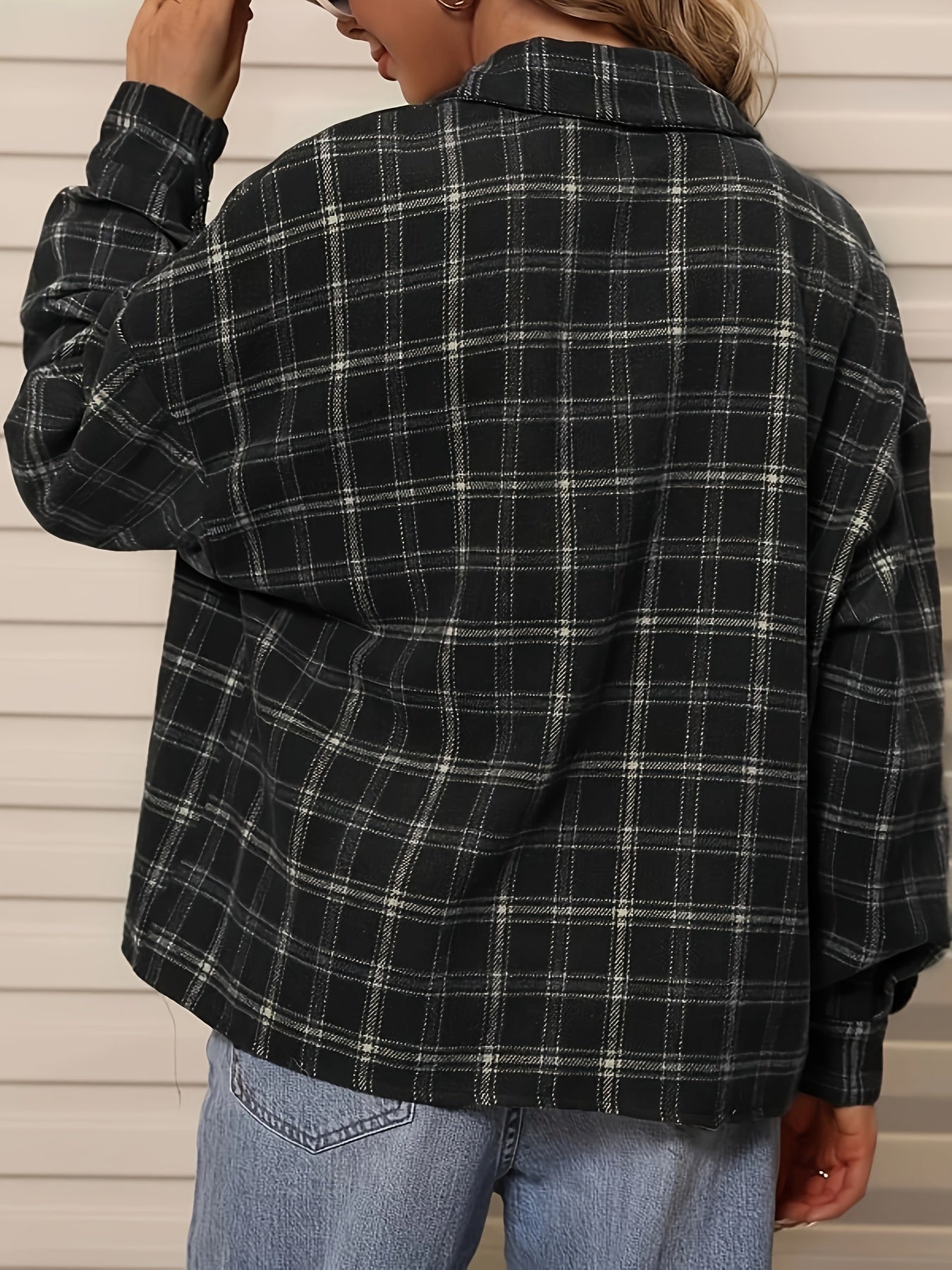 Antmvs Plus Size Casual Jacket, Women's Plus Plaid Print Long Sleeve Button Up Lapel Collar Jacket With Pockets