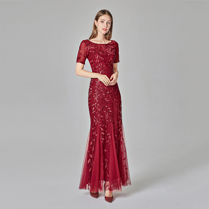 ANTMVS Spring and Summer Cross-Border Banquet Host European and American Slim Mesh Sequins Evening Dress Fishtail Dress Women